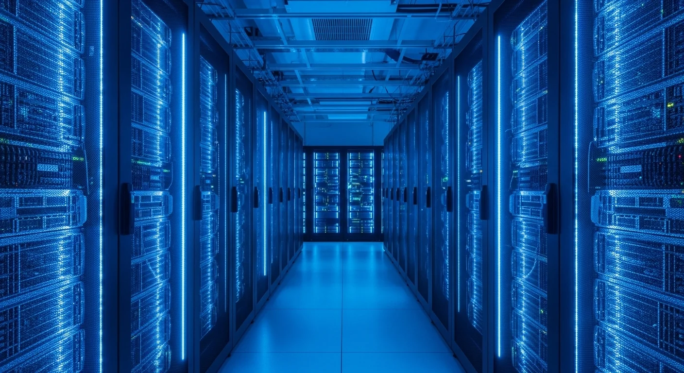 Vista de un pasillo de un centro de datos con múltiples racks de servidores iluminados con luces LED azules, representando el concepto de alojamiento web.