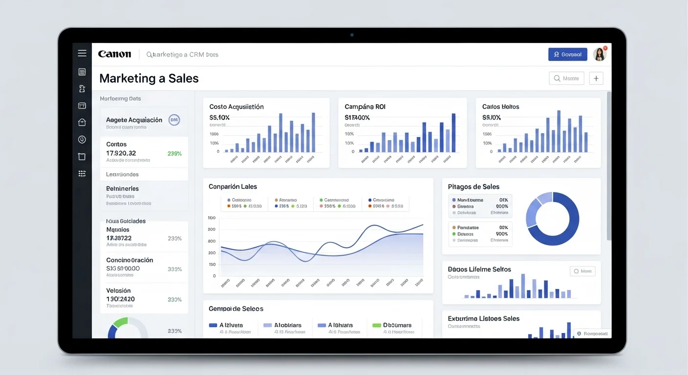 Dashboard de un software CRM mostrando KPIs y métricas clave para el análisis del rendimiento de las estrategias de marketing y ventas.