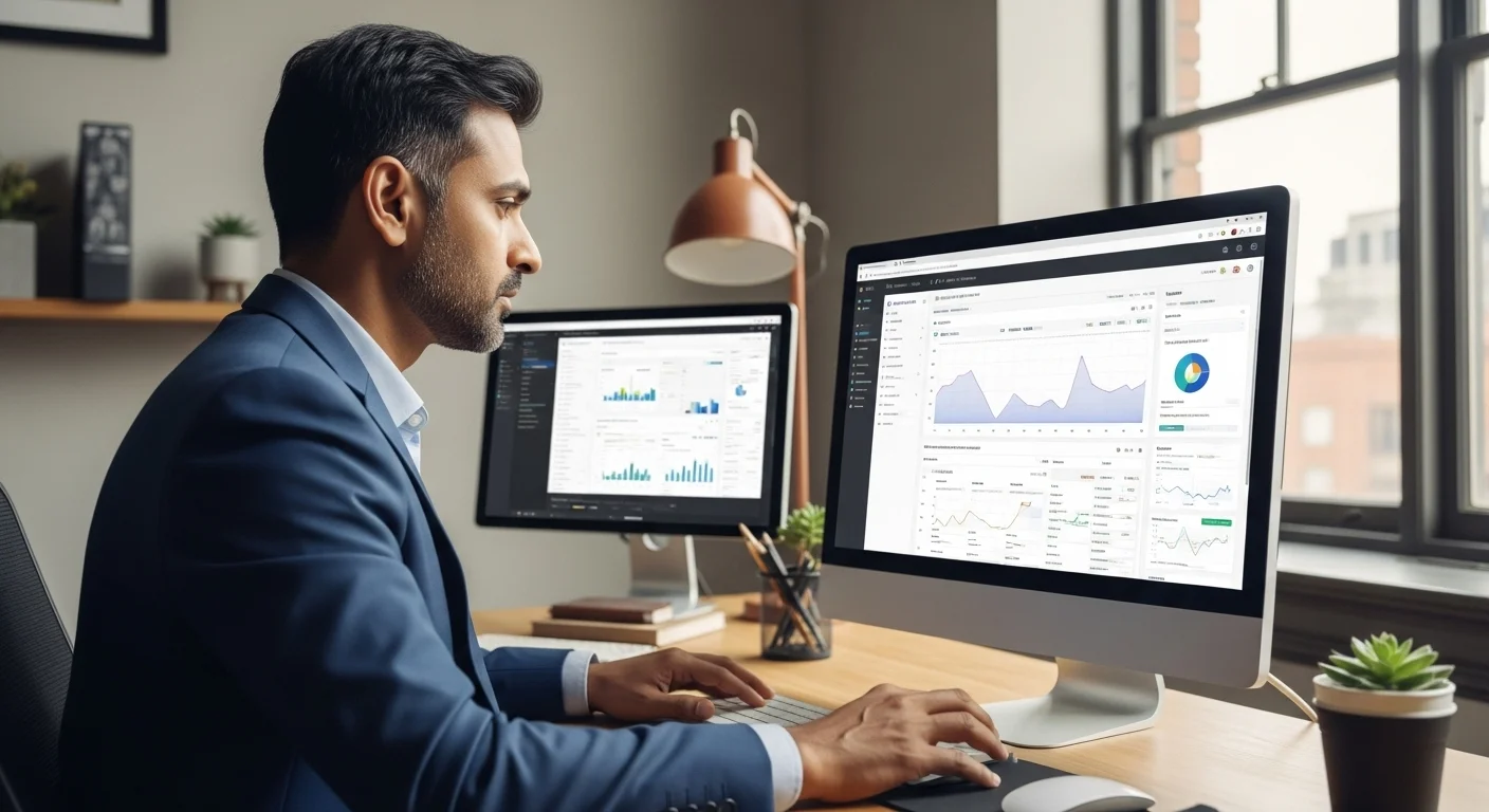 Un analista de marketing revisando dashboards de SEO y SEM en una pantalla de ordenador, comparando el rendimiento del posicionamiento orgánico y la publicidad de pago.