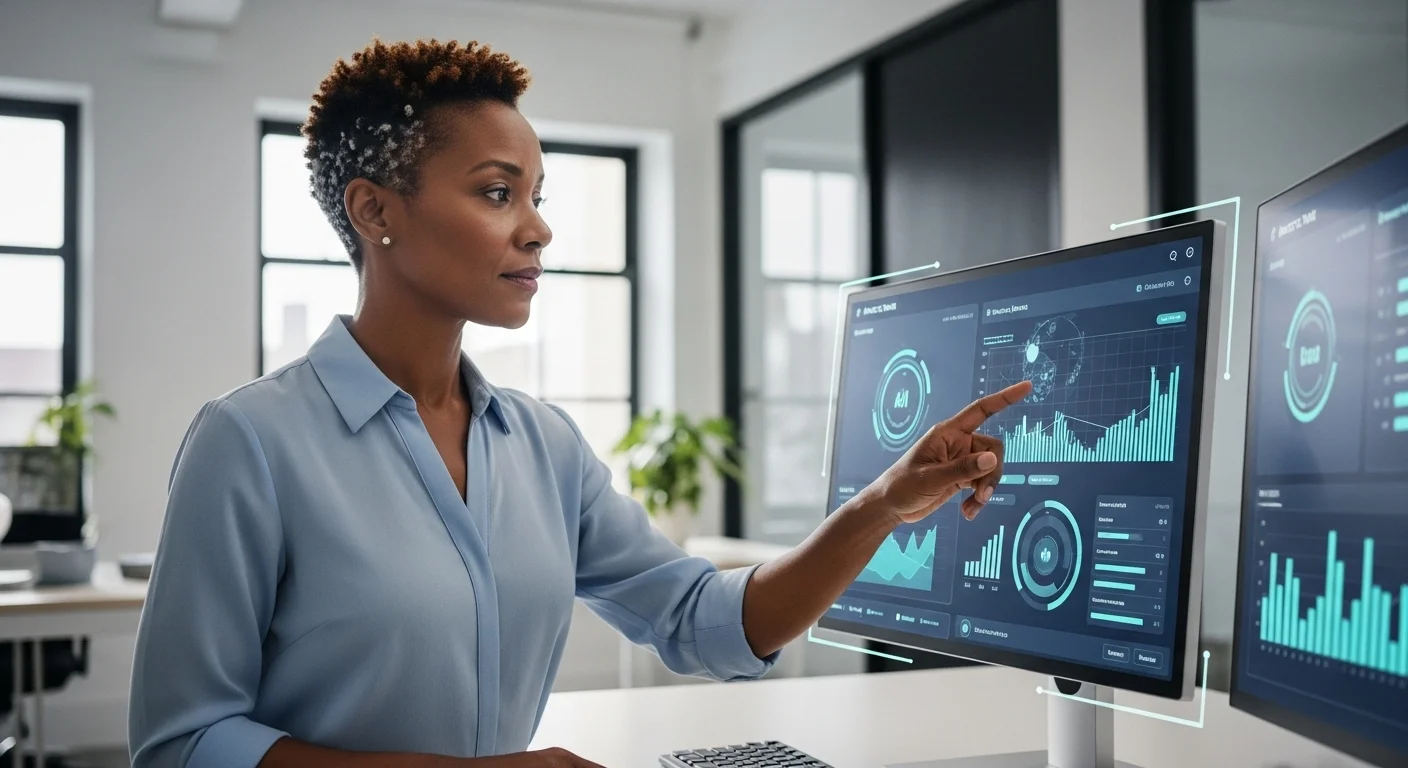 Un analista de datos interactuando con dashboards avanzados generados por inteligencia artificial, representando la inteligencia artificial en el trabajo.