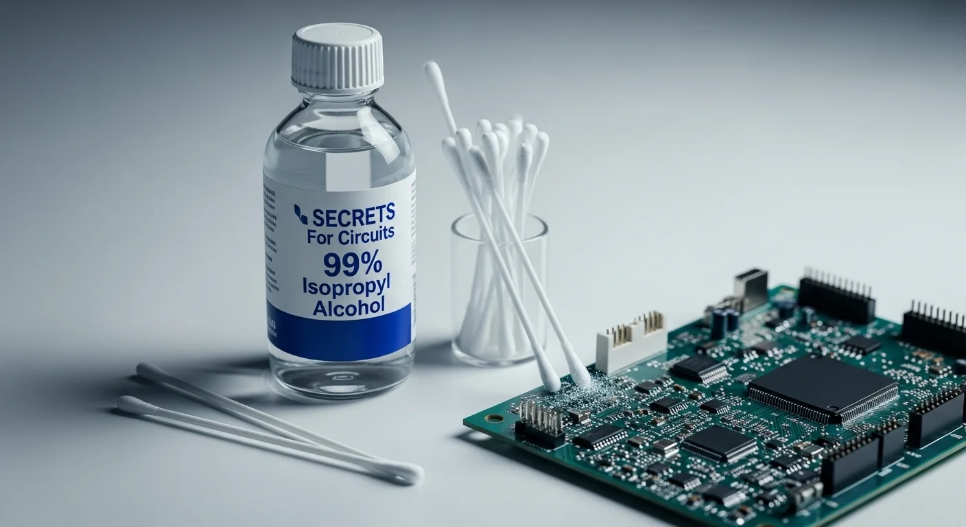 Primer plano de una botella de alcohol isopropílico al 99% junto a hisopos sin pelusa y un circuito electrónico preparado para la limpieza.