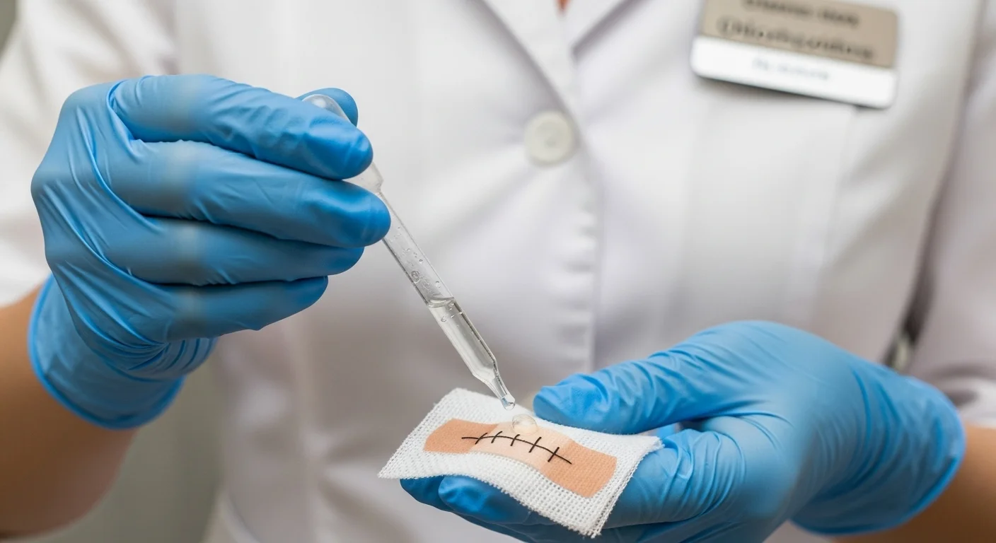 Mano con guante aplicando un antiséptico moderno como la clorhexidina en una gasa para tratar una herida, contrastando con el uso de alcohol para heridas.