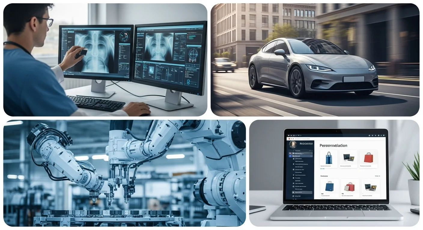Un collage de imágenes mostrando las diversas aplicaciones de la IA: un médico analizando una radiografía, un coche autónomo, un robot de fábrica y una interfaz de compra online.