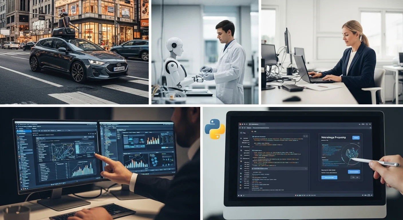 Mosaico de imágenes que representan aplicaciones de la IA con Python: un coche autónomo, un robot, análisis de datos y procesamiento de lenguaje natural.