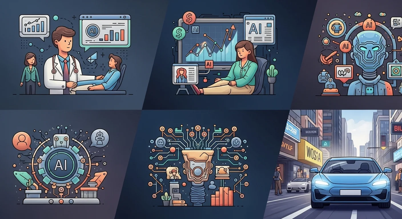 Collage de íconos que representan diversas aplicaciones de la inteligencia artificial ia, como la medicina, finanzas y el coche autónomo, demostrando el alcance de una ia inteligente.