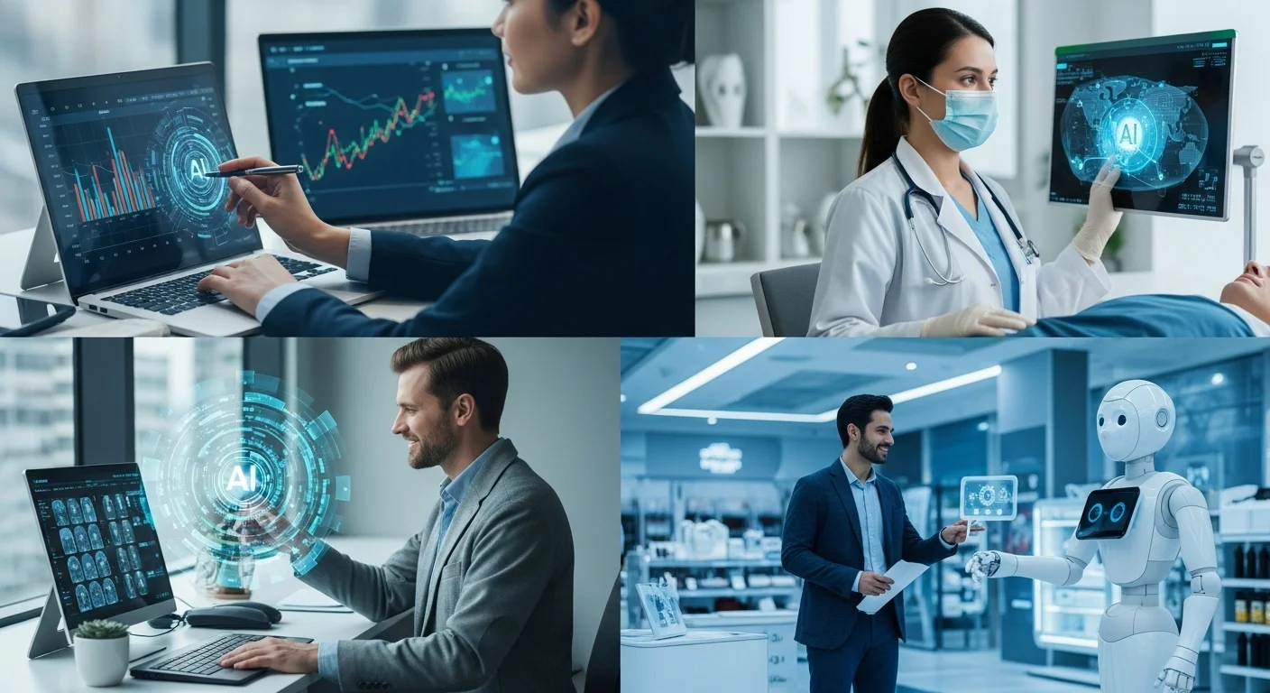 Collage de imágenes mostrando las aplicaciones del machine learning en finanzas, salud y retail.