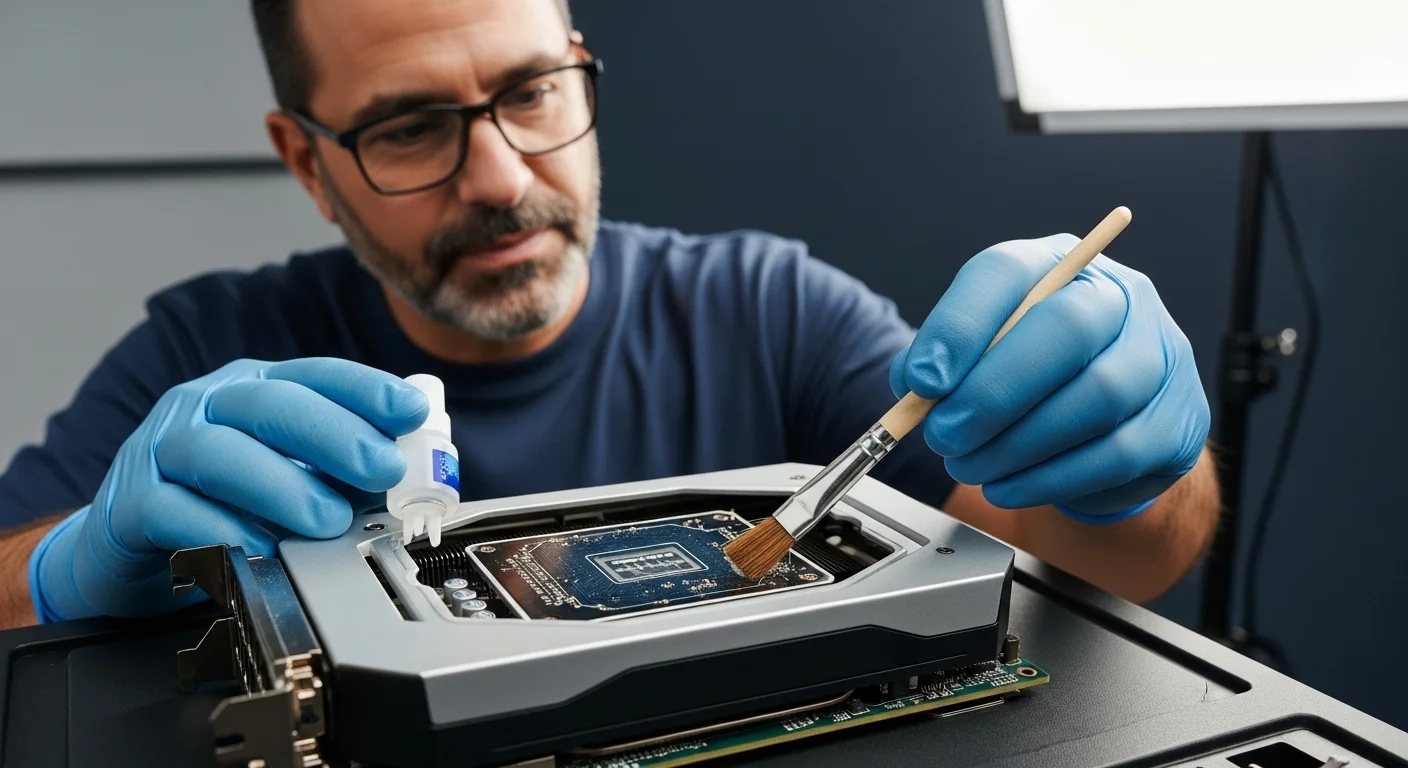 Primer plano de un técnico aplicando alcohol isopropílico con un cepillo suave sobre los circuitos de una tarjeta gráfica para eliminar el polvo y los residuos, demostrando el uso correcto de alcohol para limpiar computadoras.