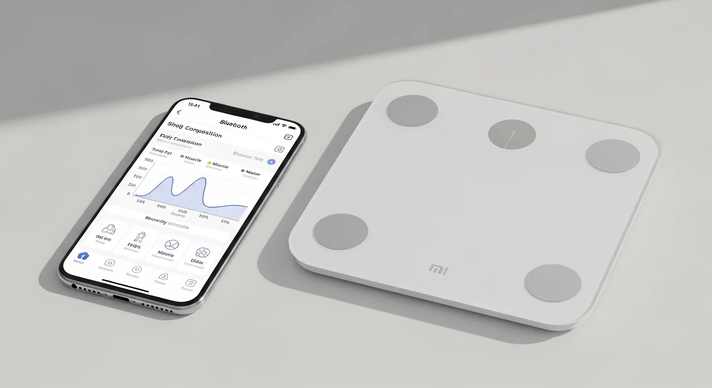 Un smartphone mostrando la aplicación de una balanza smart bluetooth con gráficos de composición corporal, junto a una bascula xiaomi mi smart scale 2.