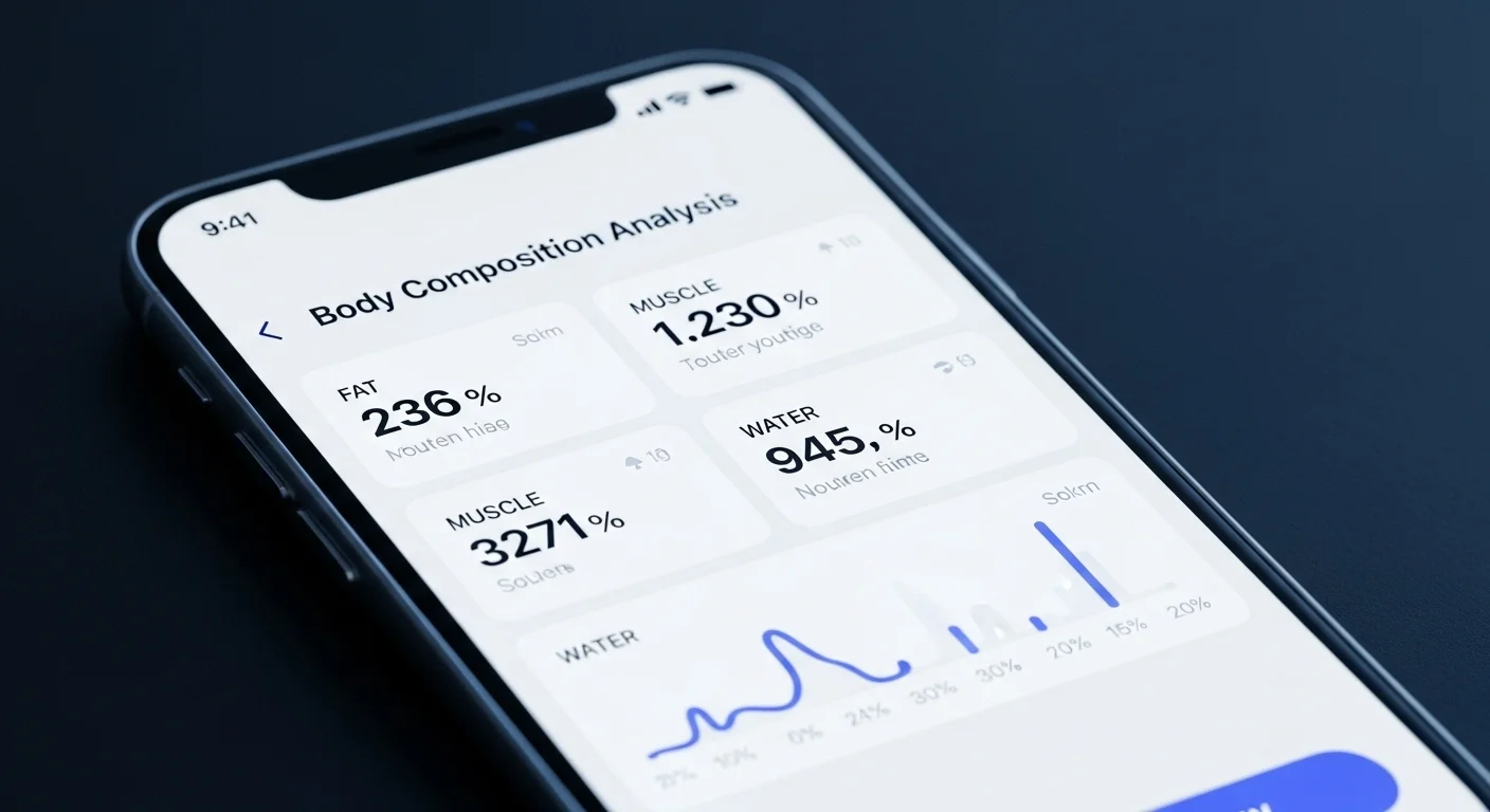 Pantalla de una aplicación móvil mostrando métricas de composición corporal de una báscula digital para personas inteligente.