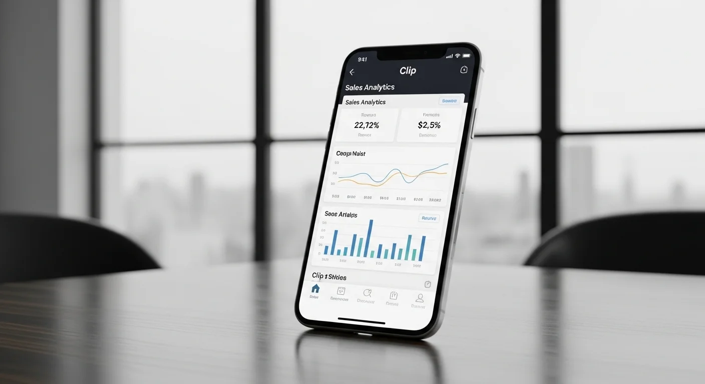 Pantalla de un smartphone mostrando el dashboard de ventas y análisis de la aplicación Clip, con gráficos y cifras.