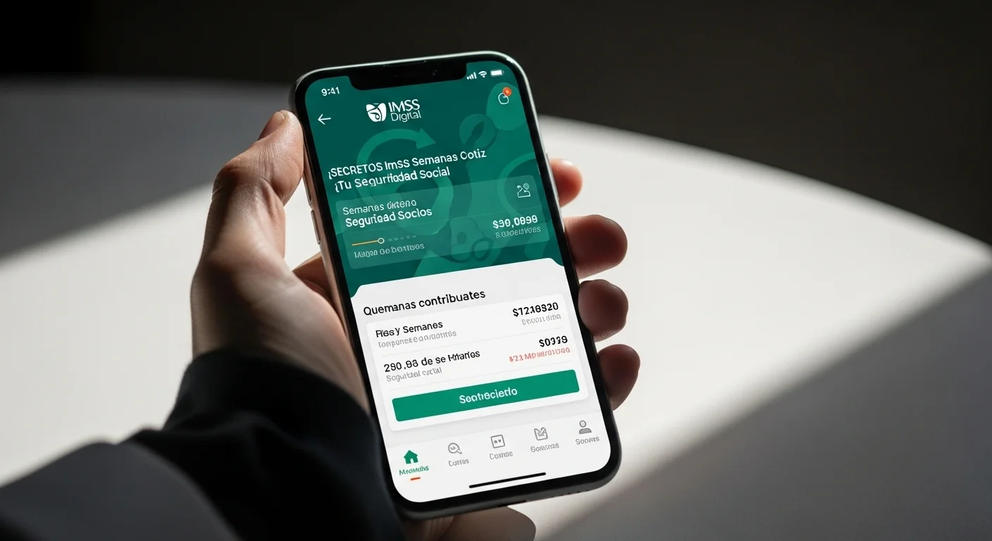 Un smartphone mostrando la interfaz de la app IMSS Digital, especÃficamente la sección de consulta de semanas cotizadas, sostenido por una mano.