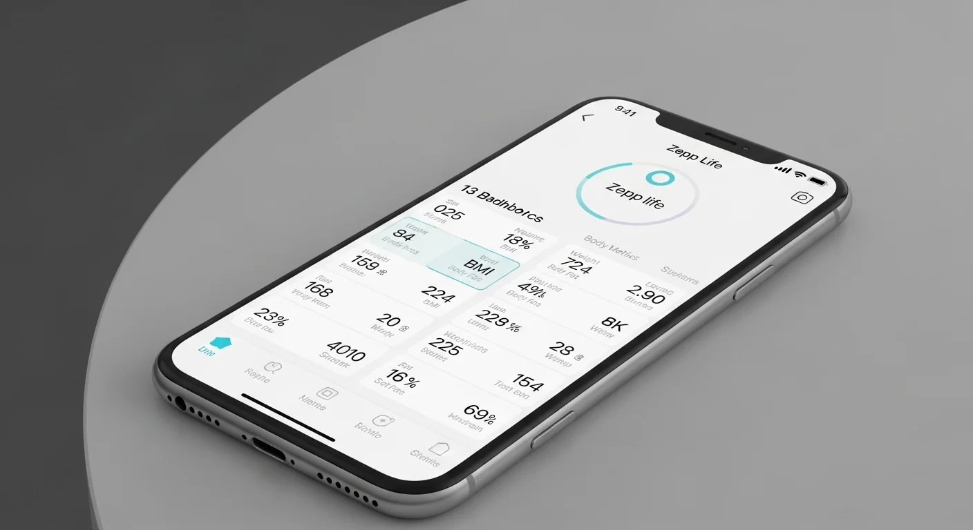 Captura de pantalla de la aplicación Zepp Life en un smartphone, mostrando el panel de control con las 13 métricas corporales proporcionadas por la bascula inteligente xiaomi.