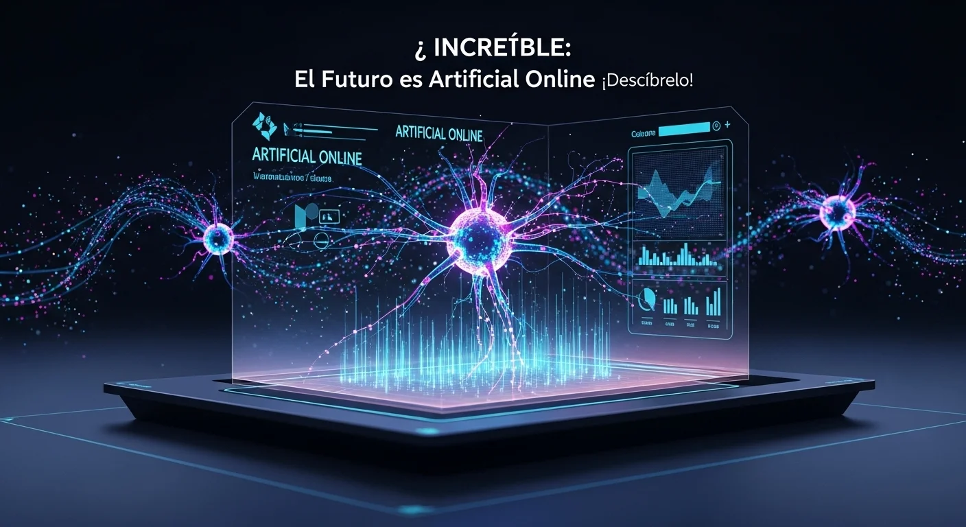 Una interfaz holográfica futurista mostrando redes neuronales y flujos de datos, simbolizando el concepto de Artificial Online.