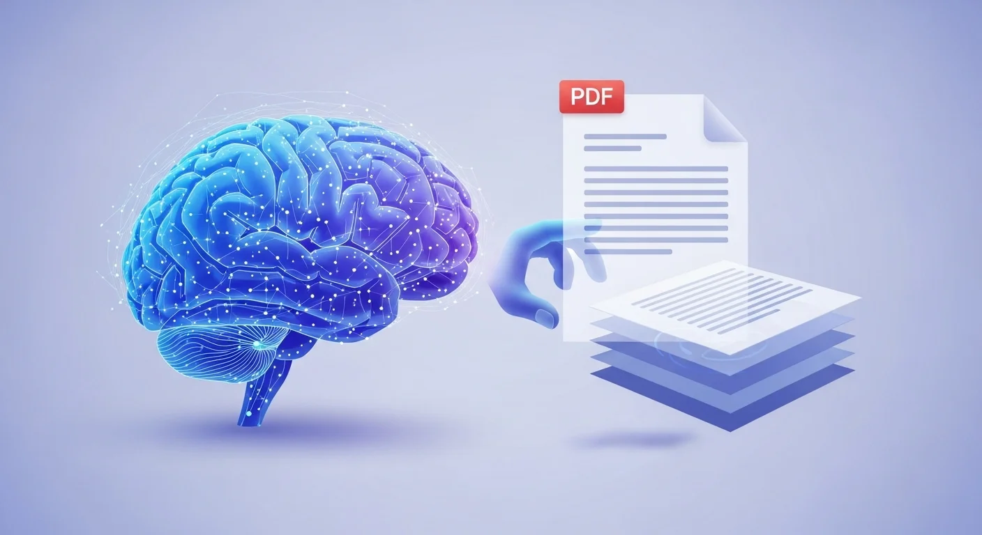 Una ilustración de un cerebro de inteligencia artificial interactuando con un documento PDF, simbolizando el concepto de Artificial PDF.