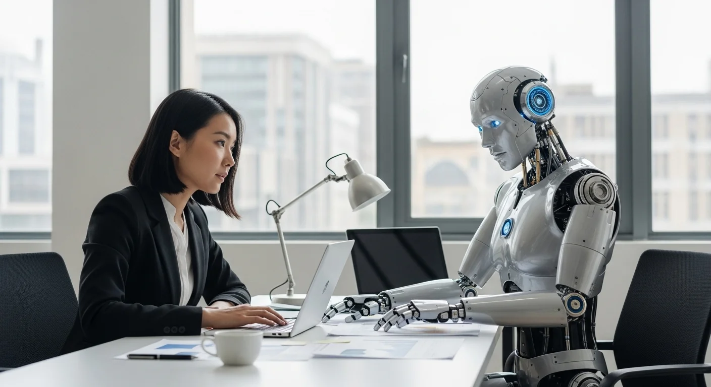Imagen conceptual que muestra a un humano y un robot colaborando en un entorno de oficina moderno, simbolizando el concepto de Artificial Trabajo.
