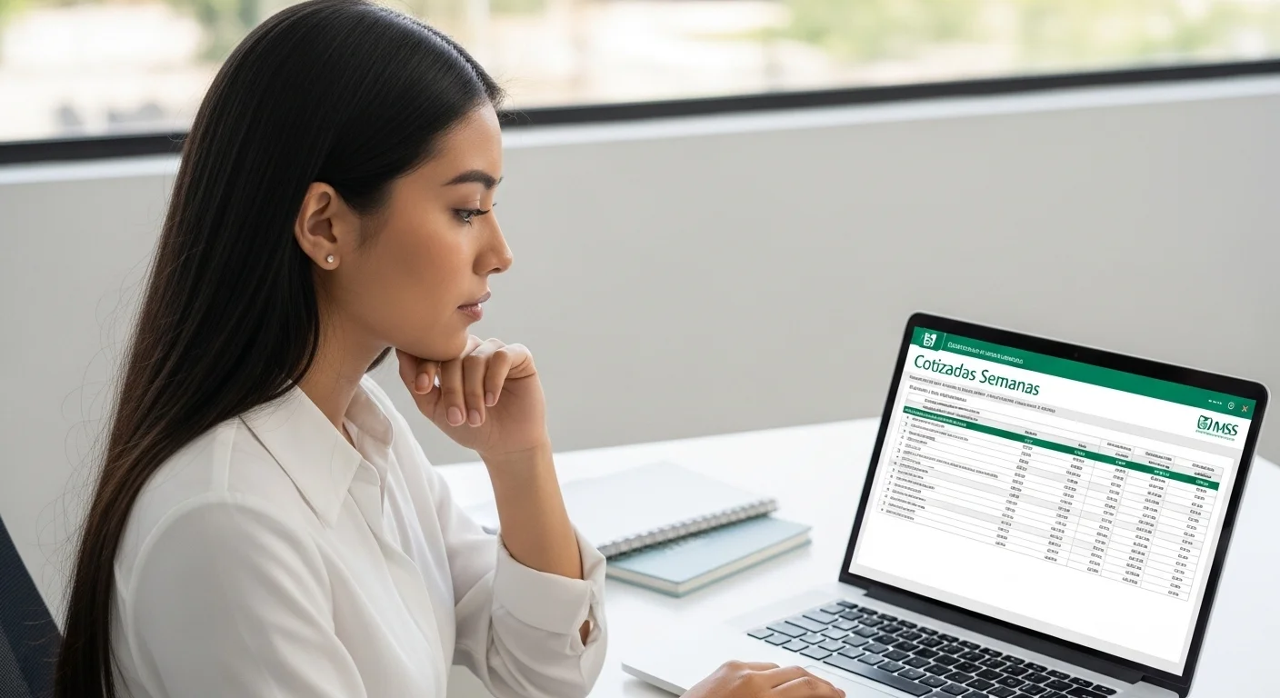 Asegurado del IMSS revisando su reporte de semanas cotizadas en una computadora, planificando su futuro.