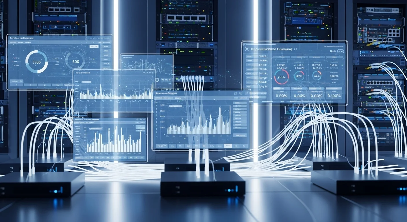 Una imagen conceptual que representa la automatización y la inteligencia artificial en la gestión de redes, con gráficos y datos superpuestos sobre una infraestructura de red.