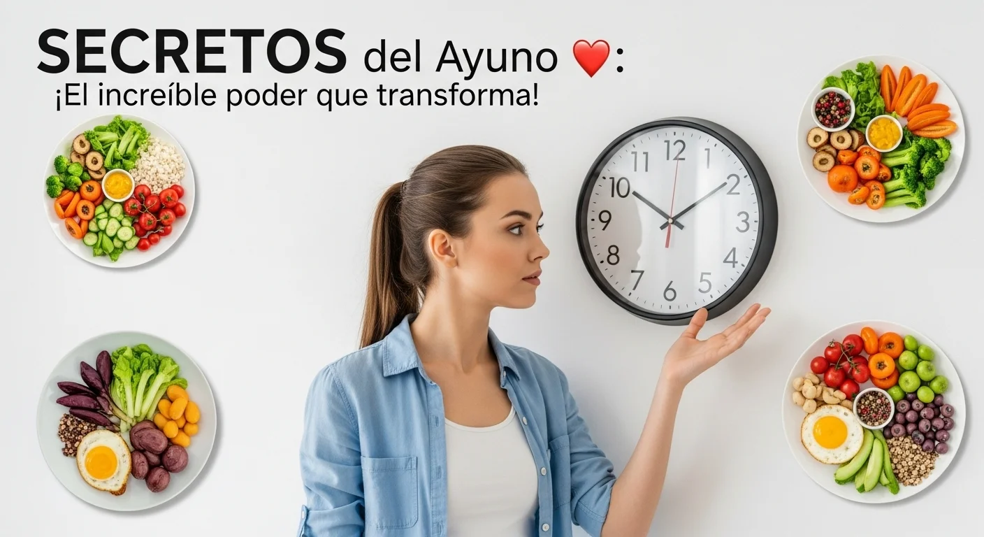 Mujer joven mirando un reloj en la pared con platos de comida saludable a su alrededor, simbolizando el horario de la dieta del ayuno 16/8.