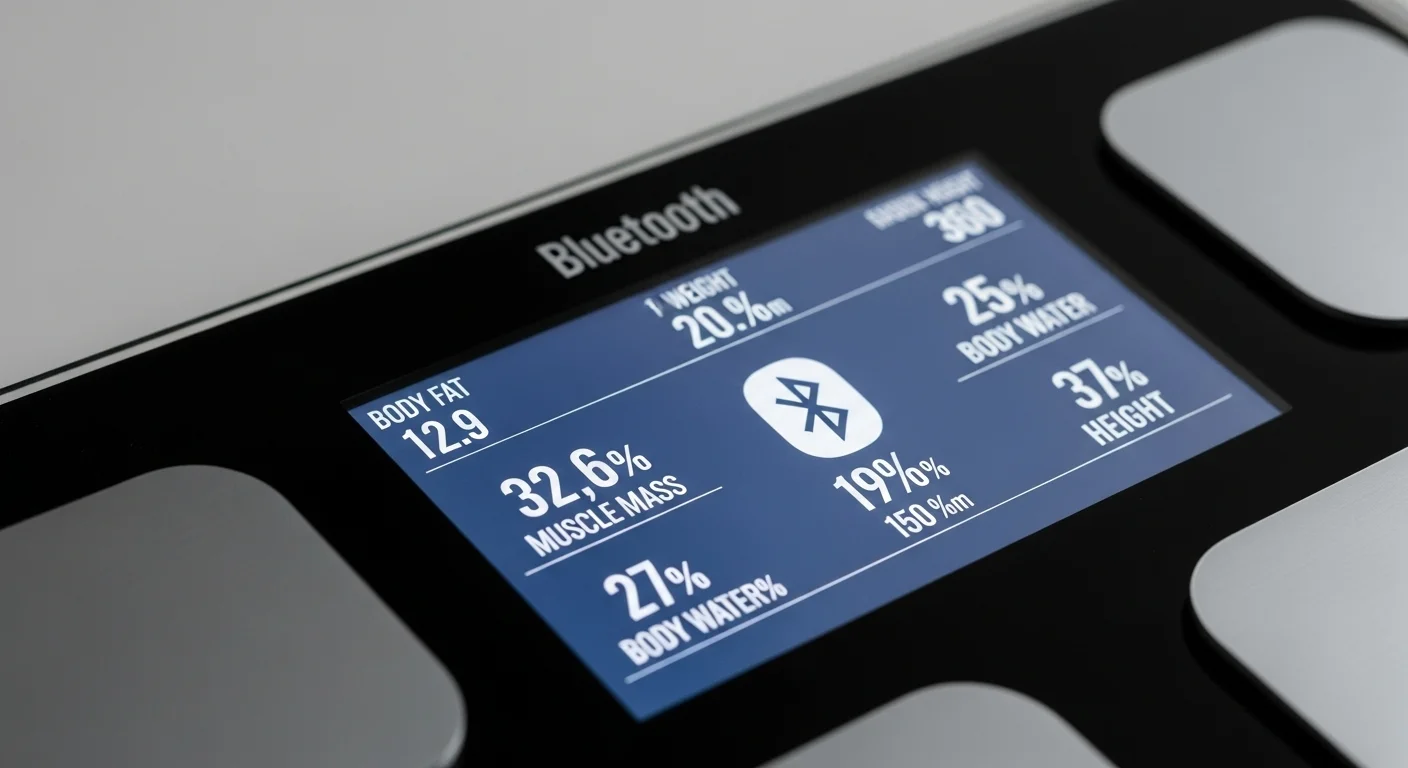 Primer plano de una pantalla de balanza digital con bluetooth mostrando múltiples métricas como masa muscular y porcentaje de agua, destacando la tecnología Digital Bluetooth.