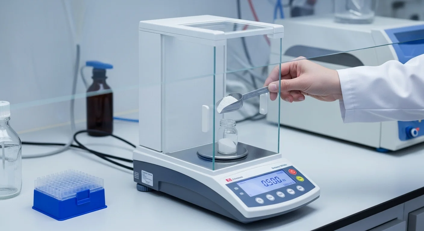 Una balanza de precisión de carga superior (top-loading) siendo utilizada para pesar un reactivo en polvo en un recipiente, mostrando la rapidez de este tipo de balanza de química.
