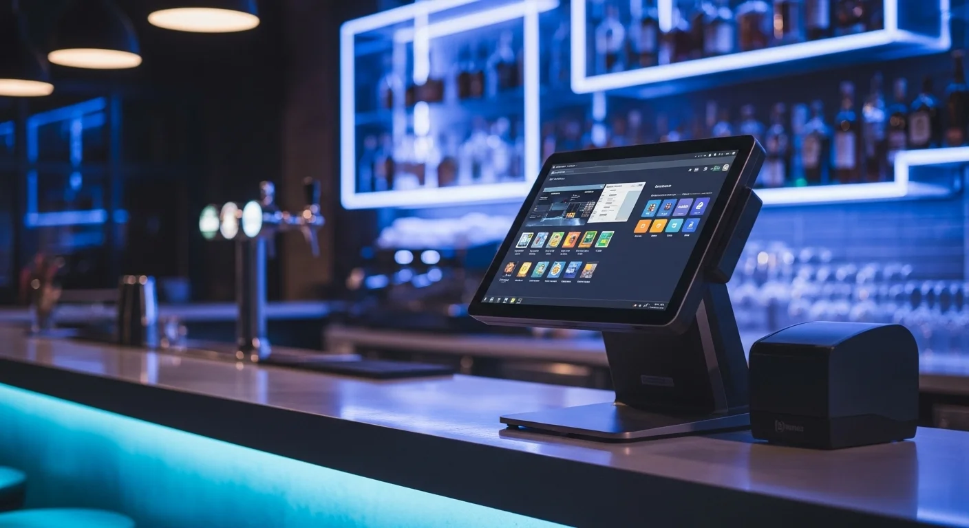 Moderno sistema de computadoras POS en el mostrador del Bar Ejemplo con un ambiente tecnológico y elegante