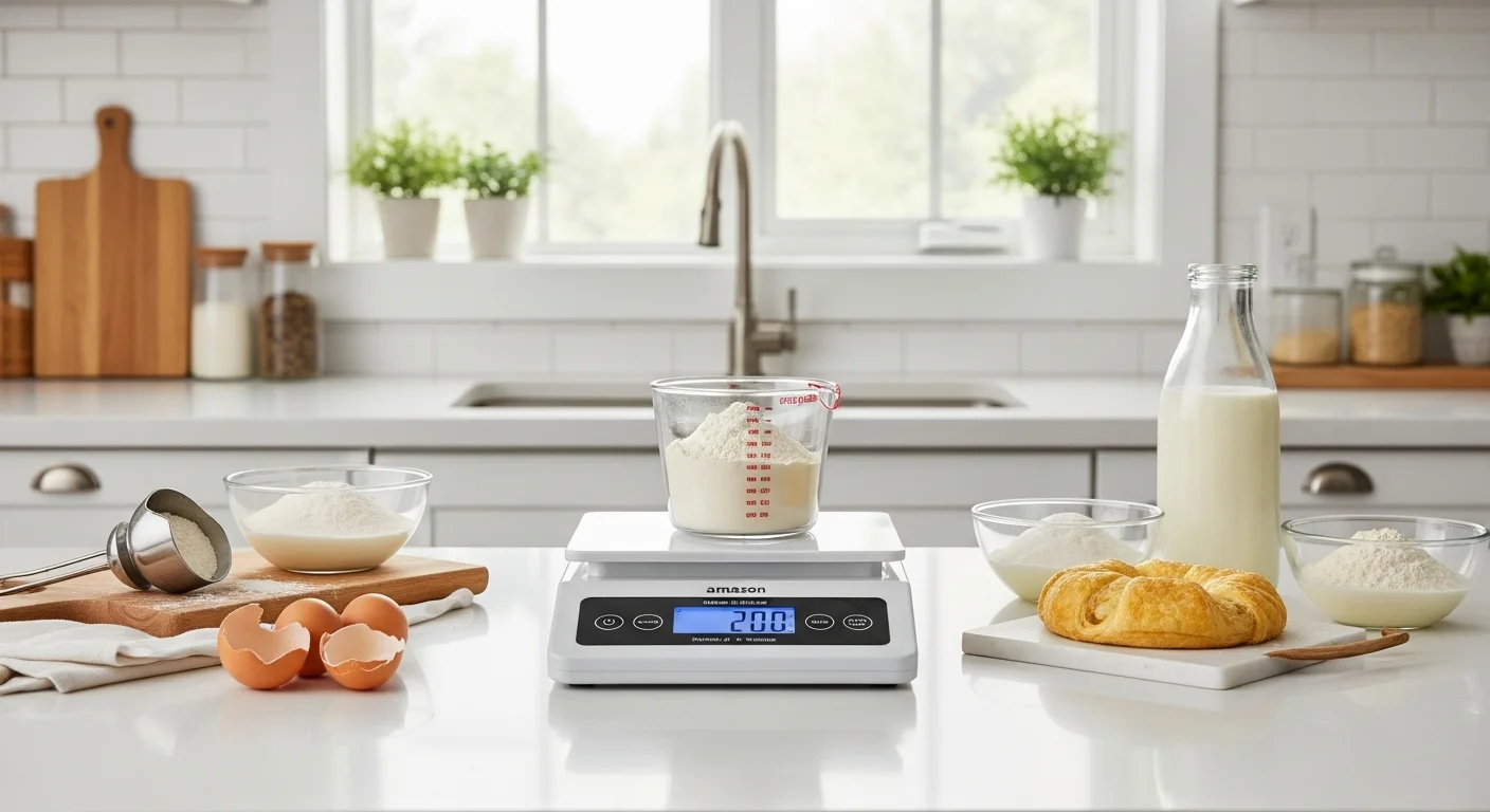 Una bascula cocina amazon en uso, pesando con precisión ingredientes para una receta, mostrando la importancia de esta bascula amazon.