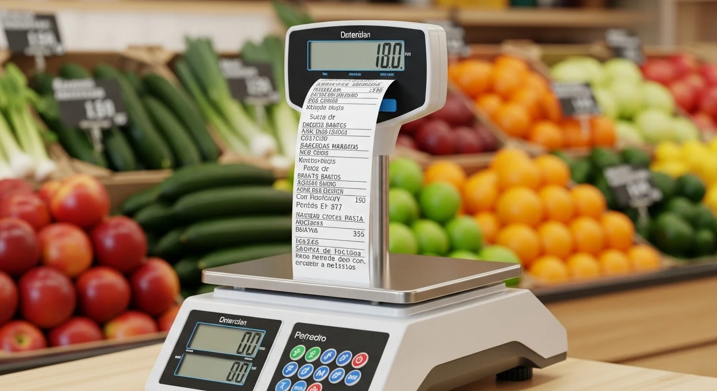 Primer plano de una báscula con ticket barata imprimiendo una etiqueta en el mostrador de una frutería.