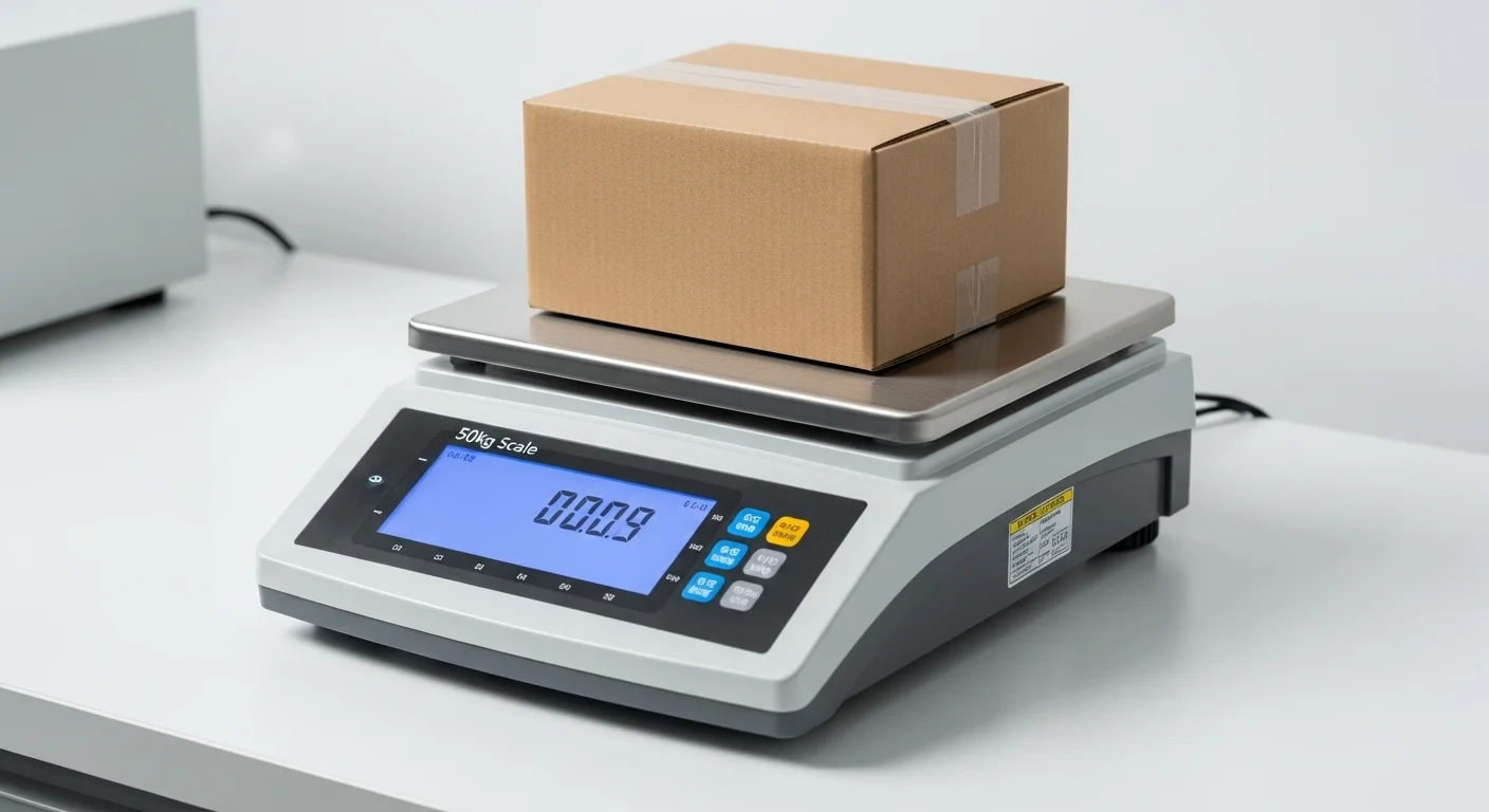 Una moderna báscula digital de 50 kg con una plataforma de acero inoxidable, mostrando una lectura precisa en su pantalla LCD retroiluminada mientras pesa un paquete.