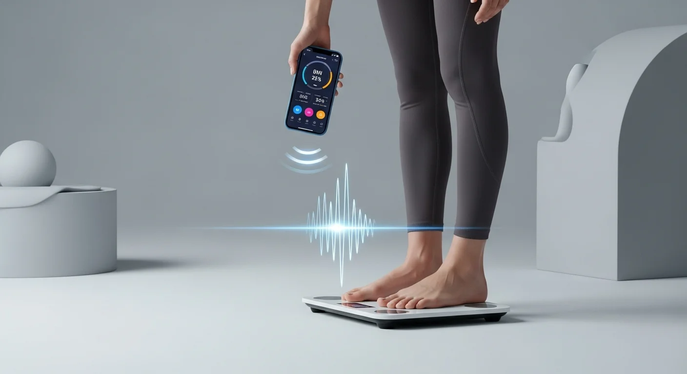 Una persona descalza sobre una bascula digital bluetooth mientras los datos, como IMC y grasa corporal, se sincronizan por Digital Bluetooth con un smartphone que muestra gráficos de salud.