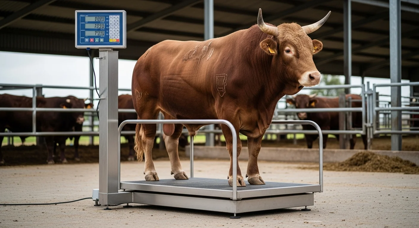 Una robusta bascula ganadera de acero con un toro siendo pesado en un corral, mostrando el indicador digital con el peso exacto.