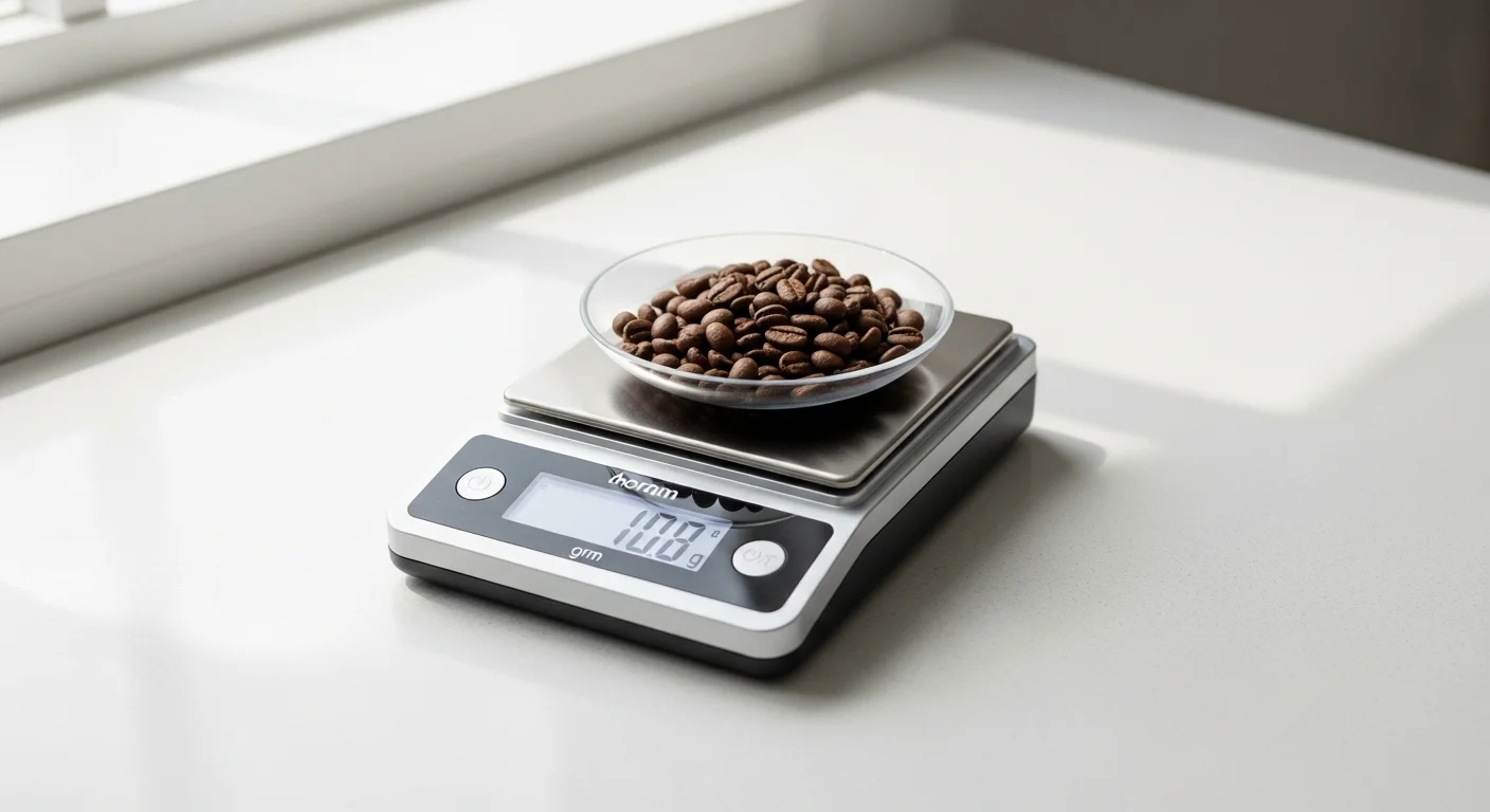 Una bascula gram digital de alta precisión sobre una encimera de cocina, pesando granos de café con exactitud.