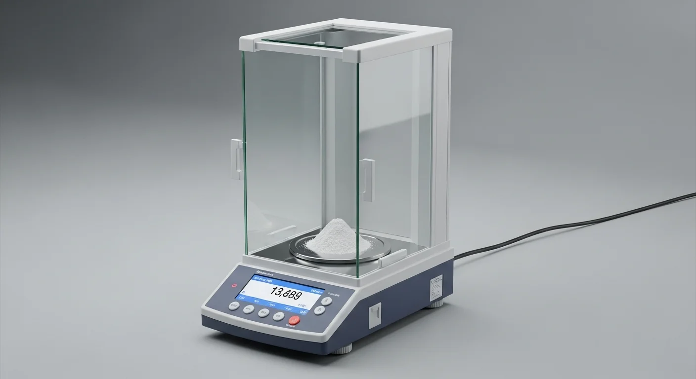 Una bascula precision de laboratorio de alta gama, con cabina de cristal para evitar corrientes de aire, mostrando una lectura digital exacta de un polvo químico en el plato de pesaje.