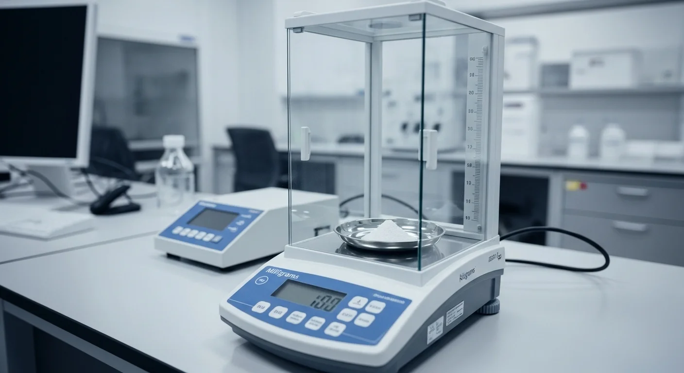 Báscula de precisión miligramos en un entorno de laboratorio, pesando un polvo blanco en un platillo de acero inoxidable.