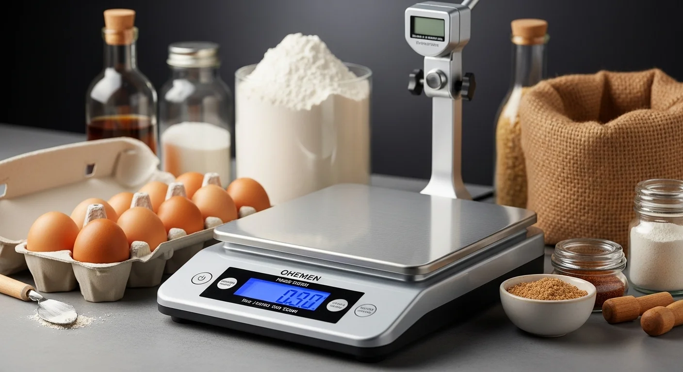 Moderna bascula para reposteria digital de acero inoxidable junto a ingredientes frescos como huevos y harina, simbolizando la precisión en la pastelería.