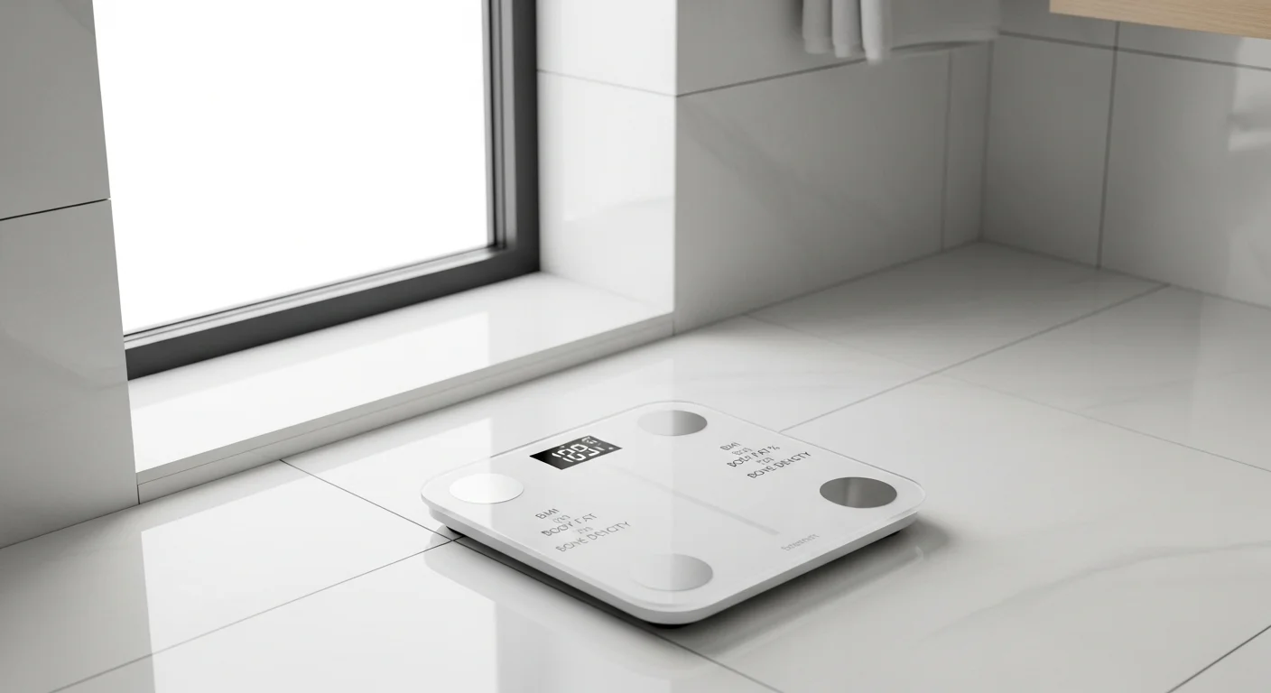 Una balanza smart de diseño minimalista colocada sobre el suelo de un baño moderno, mostrando su pantalla LED.