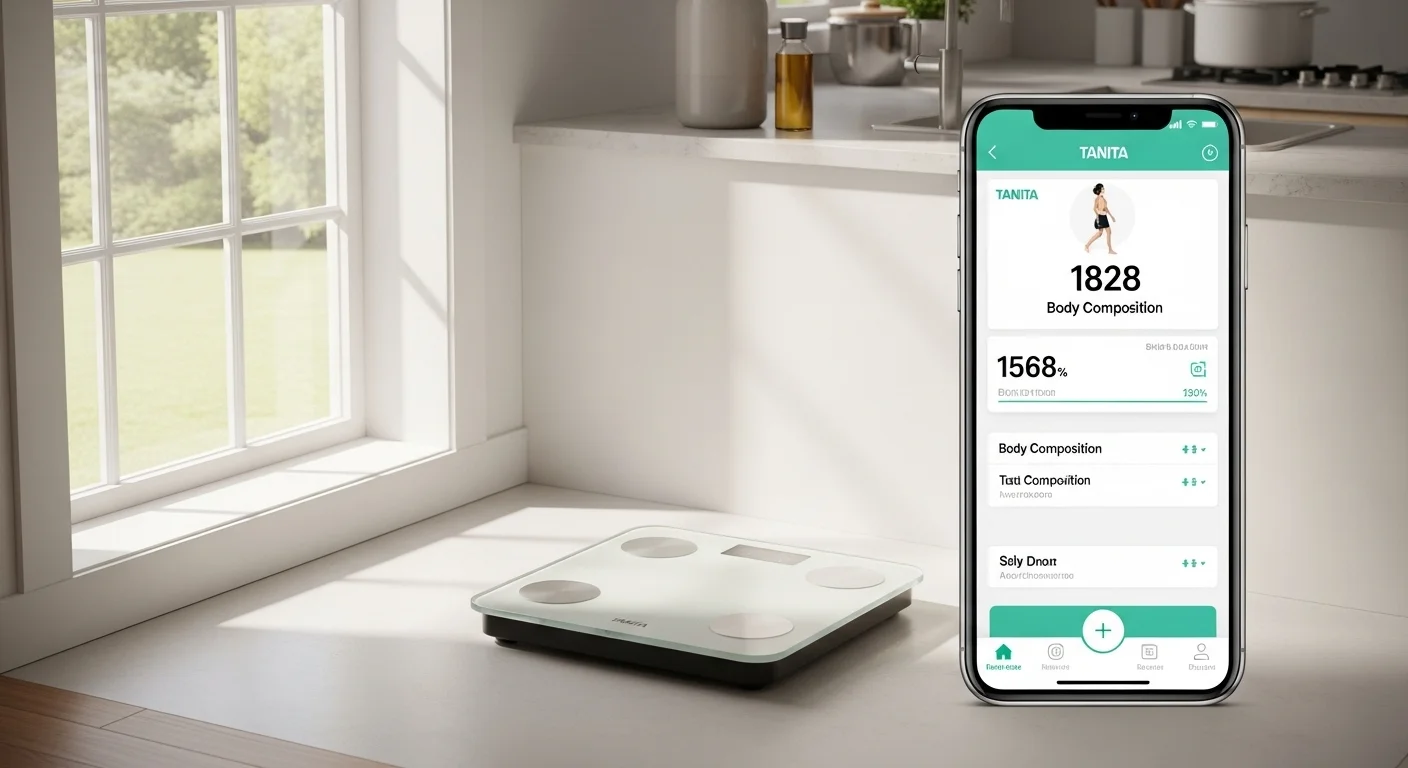 Modelo de bascula bioimpedancia tanita para uso doméstico con un diseño moderno, mostrando la conexión Bluetooth a un smartphone con la app de salud.