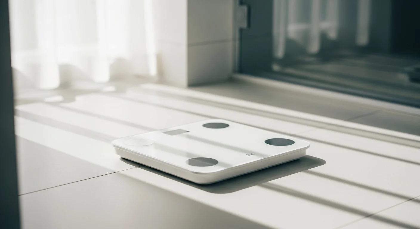 Una báscula Xiaomi Mi Scale 2 de color blanco, situada en un suelo de baño moderno y luminoso, mostrando su diseño minimalista y los cuatro electrodos de bioimpedancia.