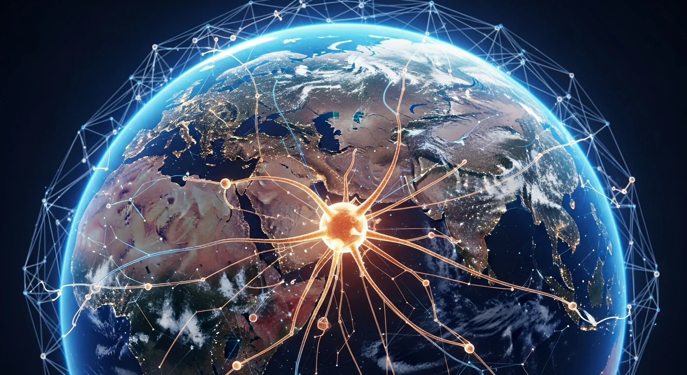 Una representación visual de una red neuronal brillante superpuesta sobre un globo terráqueo, simbolizando la conexión global del big data e inteligencia artificial.