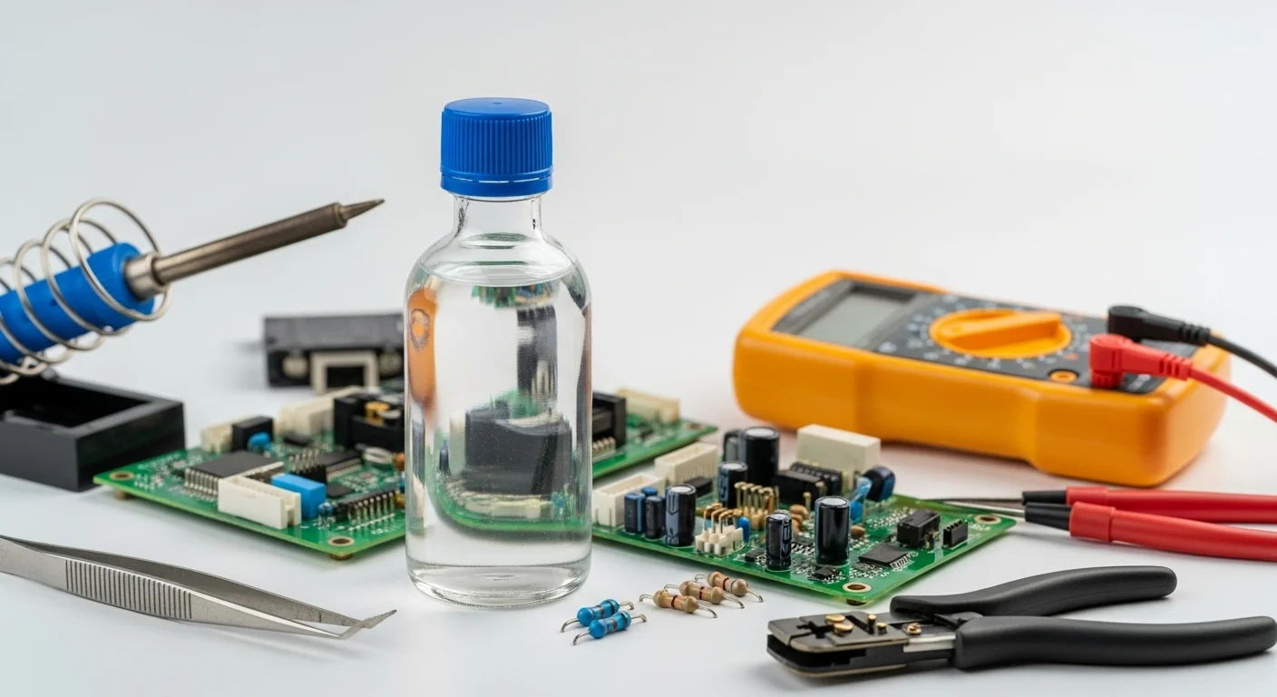 Botella de alcohol isopropílico junto a una placa de circuito impreso y herramientas, ilustrando los usos del isopropílico en electrónica.