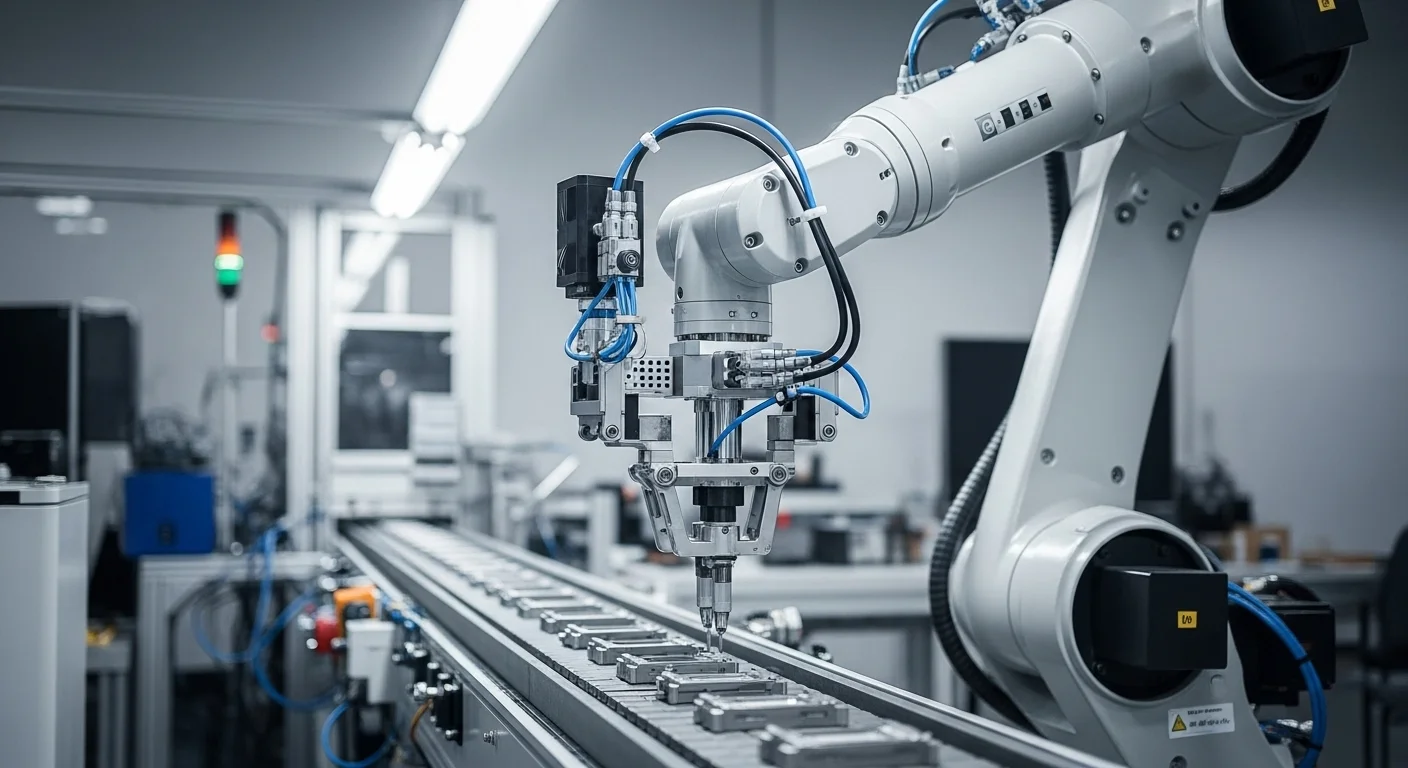 Primer plano de un brazo robótico avanzado trabajando en una línea de ensamblaje, representando la ingeniería en automatización y control industrial.