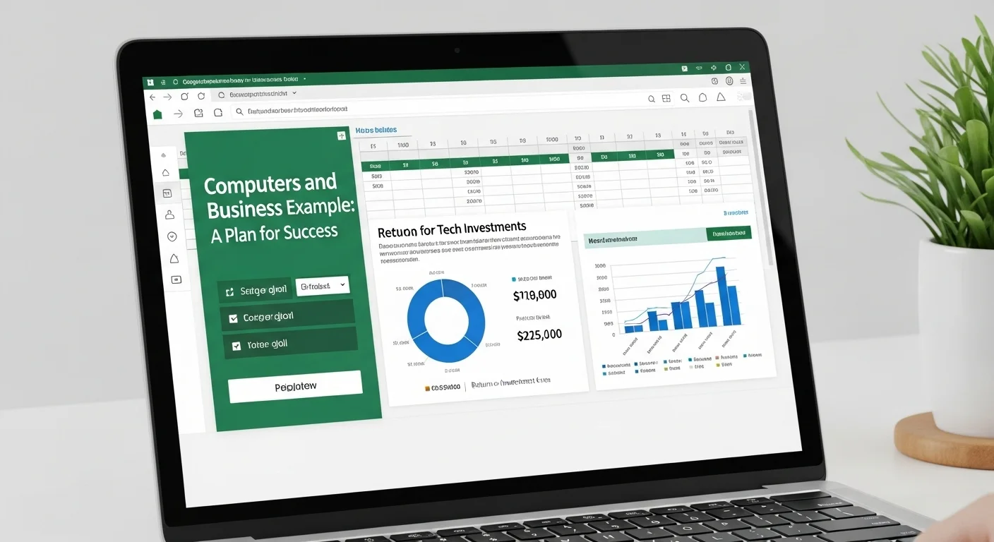 Primer plano de una pantalla de laptop mostrando un business case ejemplo excel para la compra de computadoras, con gráficos de ROI.