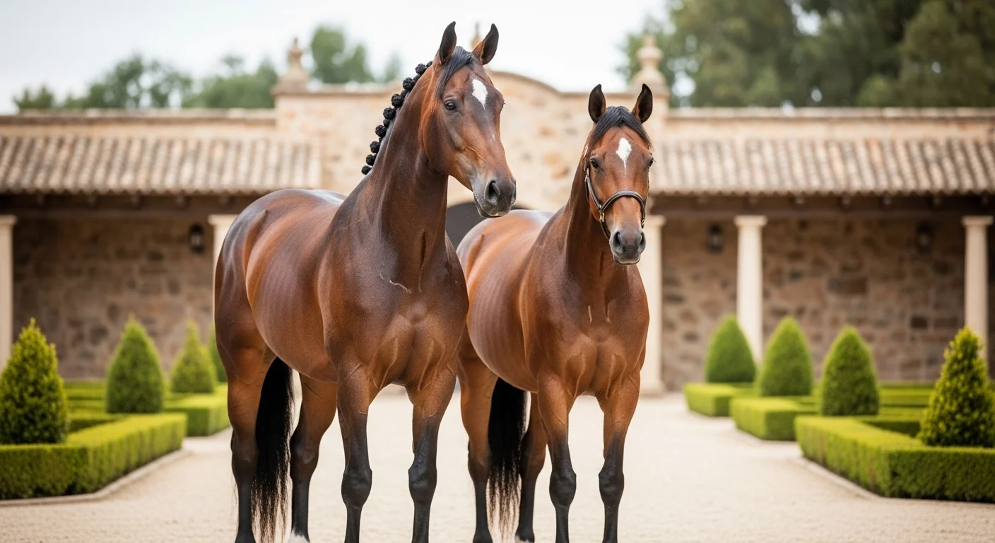 Un semental de Pura Raza Española junto a una yegua en una yeguada, ilustrando el concepto de caballo con yegua en el contexto de la cría selectiva.