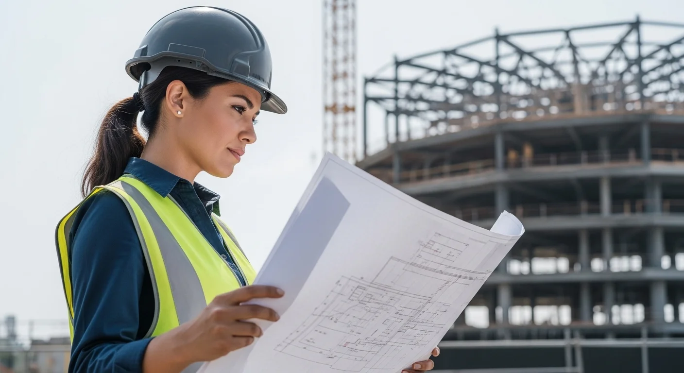 Un calculista estructural revisando planos de construcción detallados en una obra, con una estructura de acero en el fondo y usando un casco de seguridad.