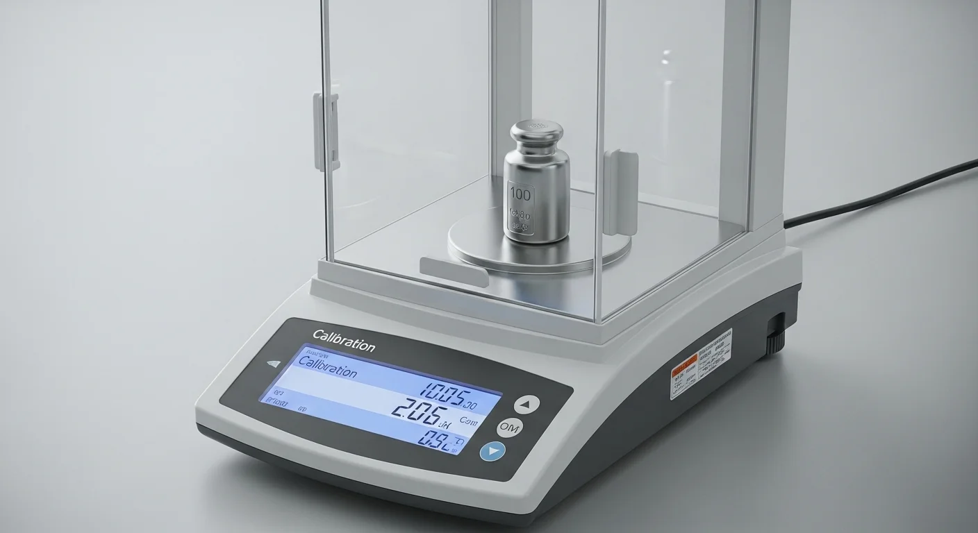 Proceso de calibración de una báscula de precisión utilizando una pesa de calibración certificada sobre el plato, con la pantalla mostrando el modo de calibración.