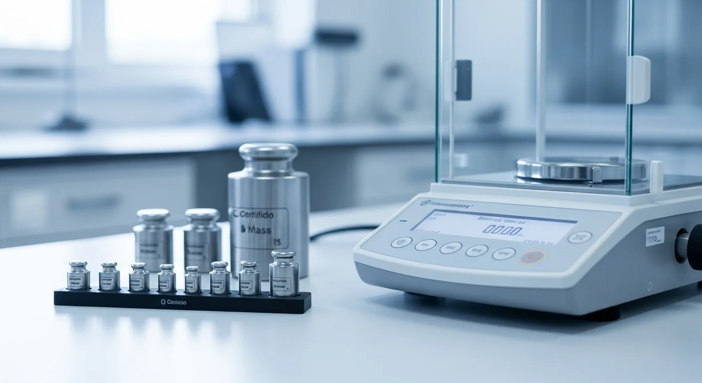 Juego de pesas de calibración certificadas junto a una balanza de precisión de laboratorio, lista para el procedimiento.
