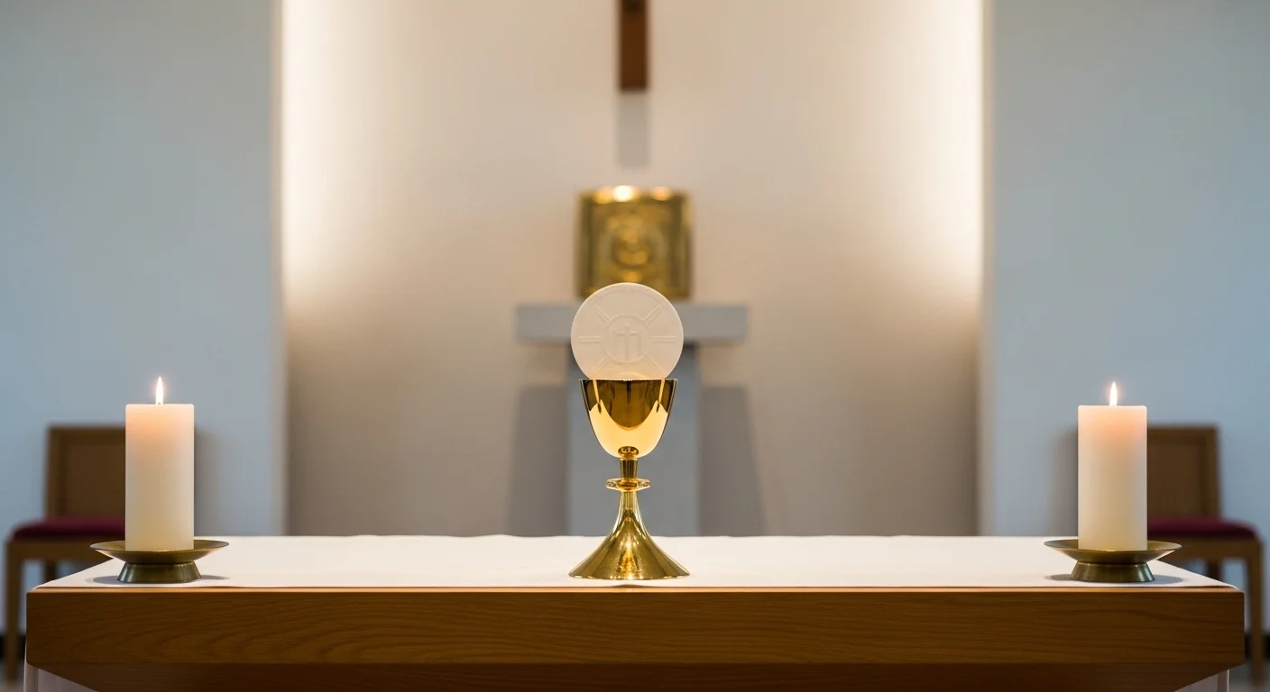 Cáliz y hostia consagrada sobre un altar, representando el sacramento de la Eucaristía y el anhelo de la comunión espiritual oración católica.