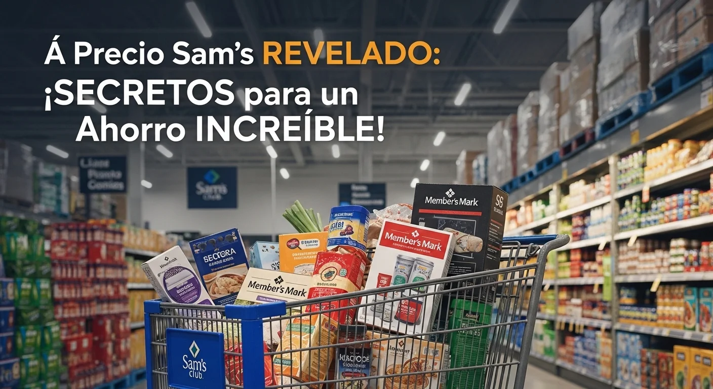 Un carrito de compras lleno de productos Member's Mark dentro de un pasillo de Sam's Club, ilustrando la variedad y el concepto de compra al por mayor.