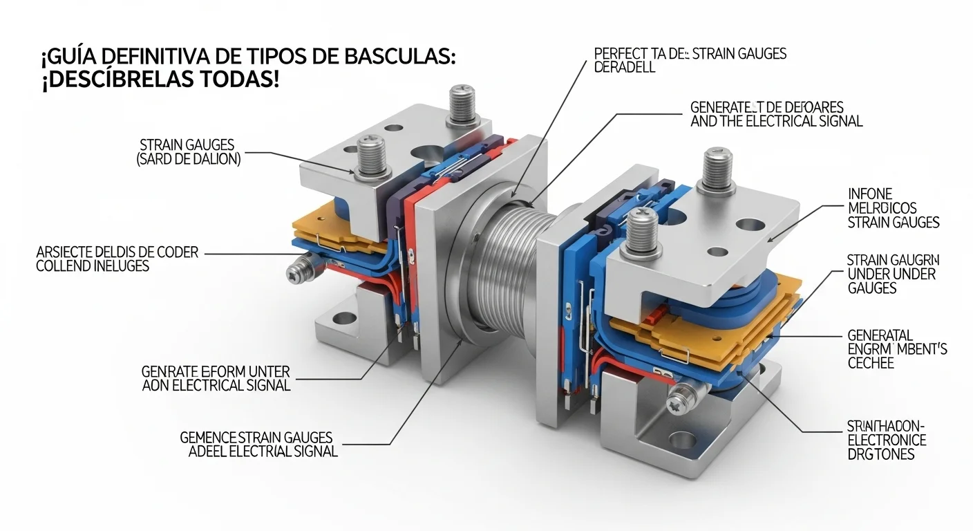Diagrama que ilustra el interior de una celda de carga, mostrando las galgas extensiométricas y cómo se deforman bajo el peso para generar una señal eléctrica, representando el corazón de los tipos de bascula para pesar electrónicas.