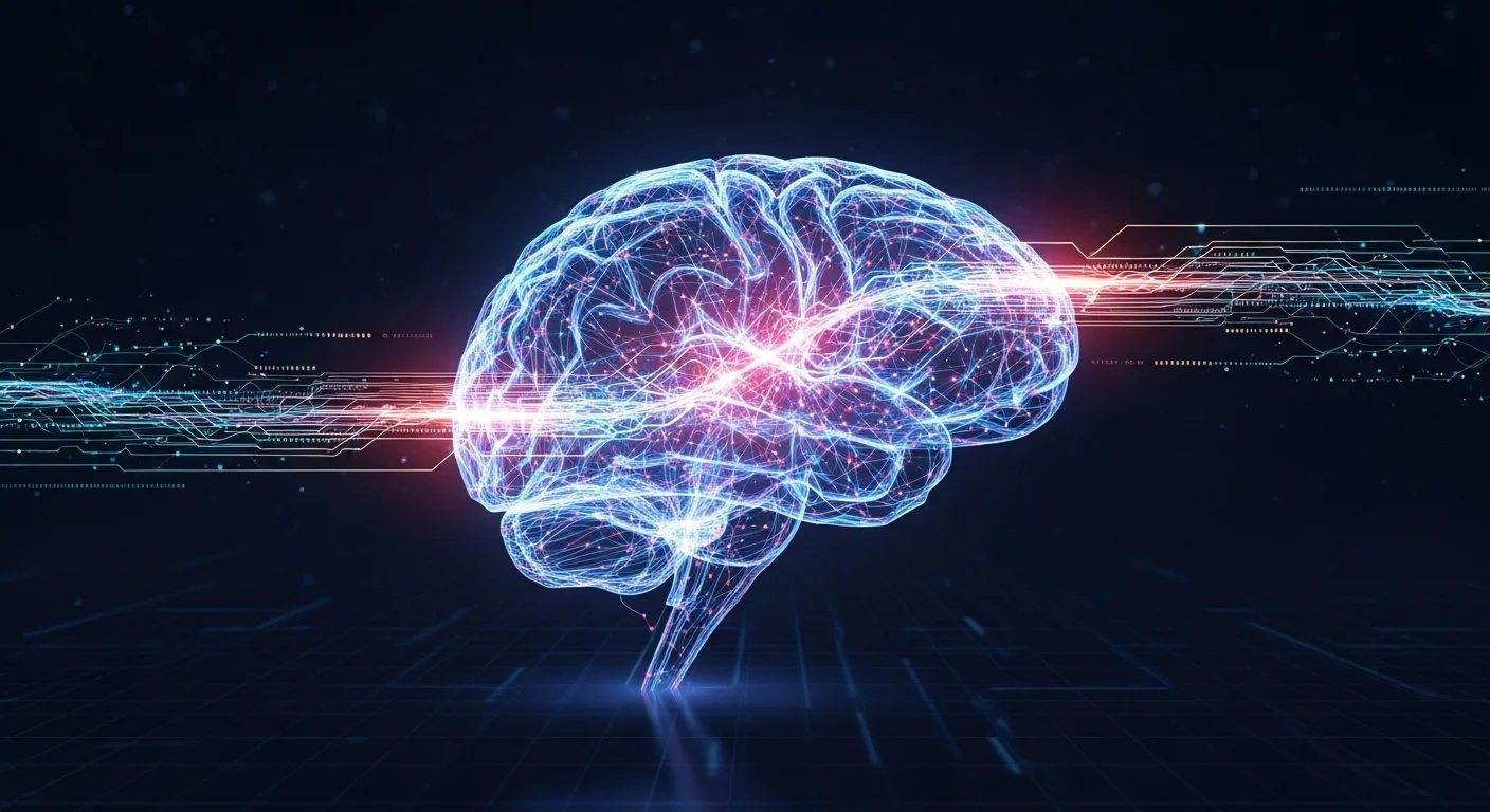 Ilustración de un cerebro digital procesando flujos de datos, representando el concepto de Machine Learning e IA.