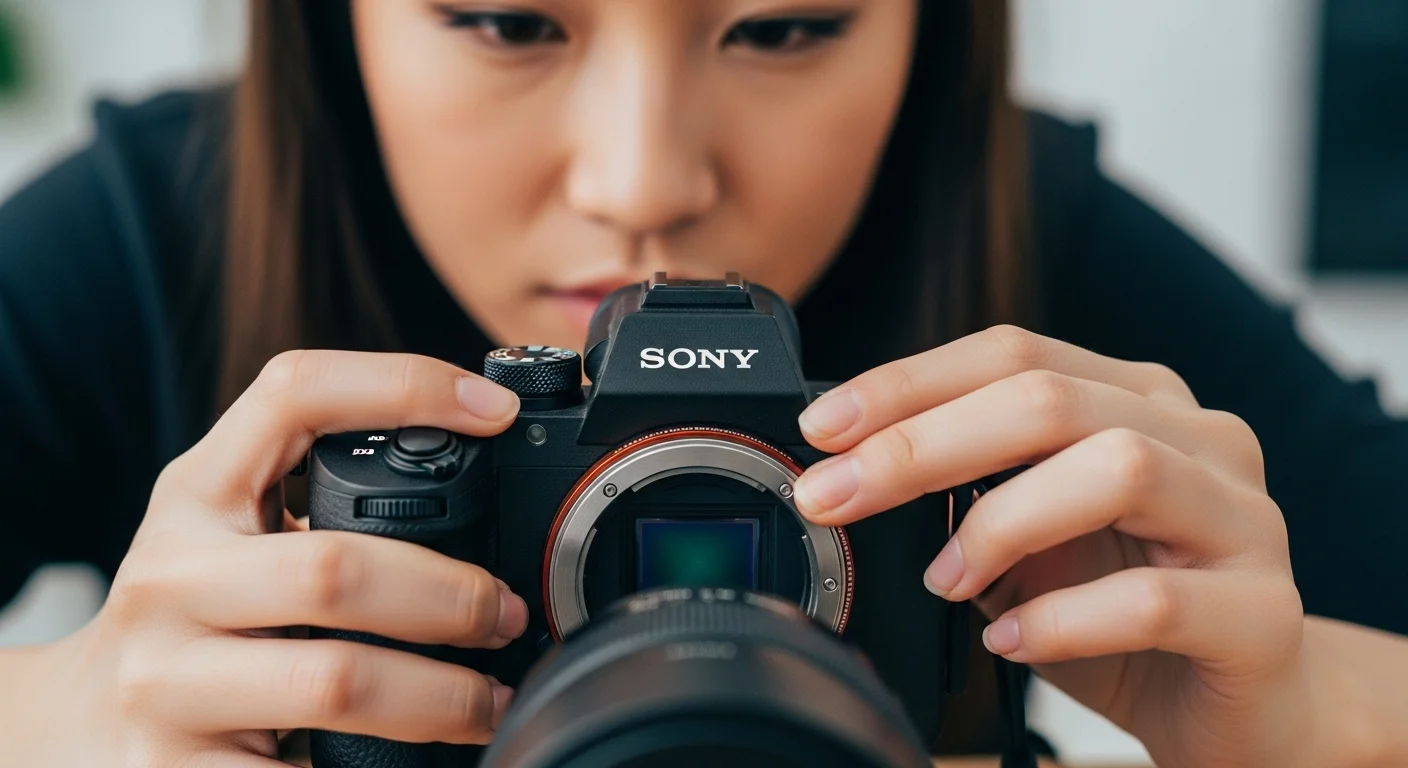 Primer plano de una persona inspeccionando cuidadosamente el sensor de una cámara sony a7 iii comprada en eBay.